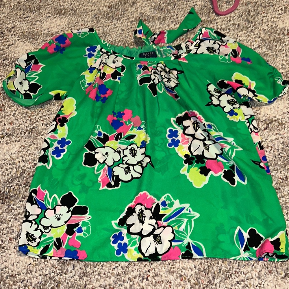 Kaari Blue vibrant green blouse with multi-color flowers, size small